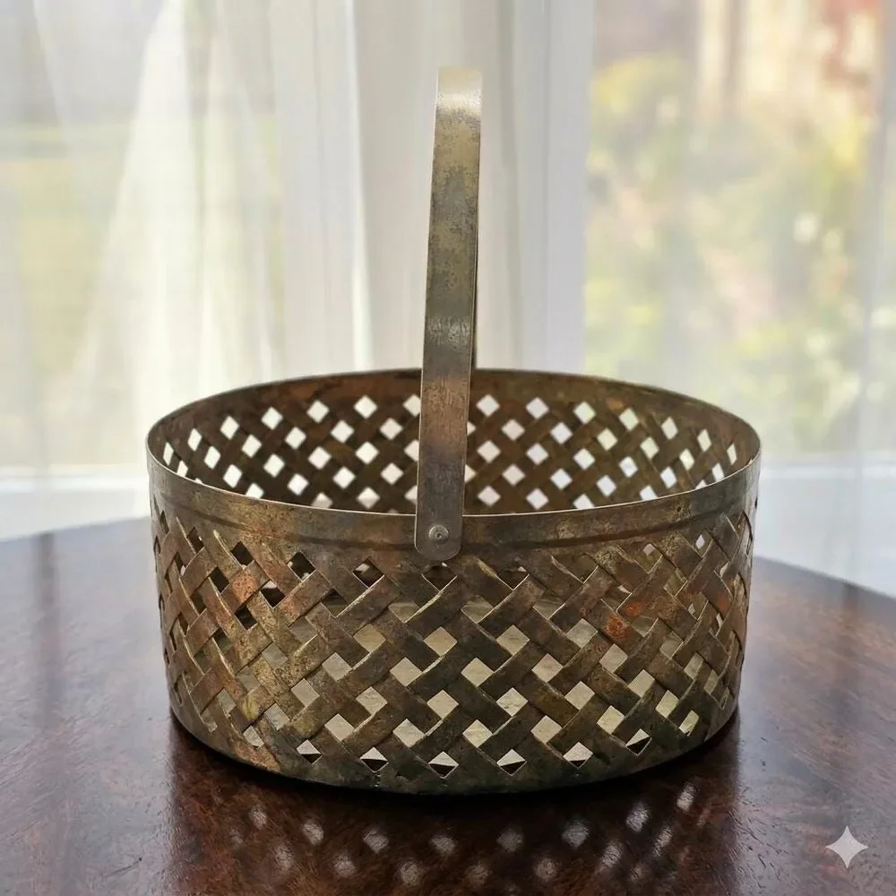 Vintage Silver-Plated Lattice Basket – Open Weave Metal Storage